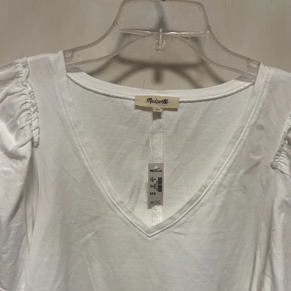 Madewell White V-Neck Puffy Sleeve V-Neck Tee Brand New